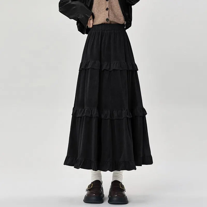 Qiukichonson Mid Long Skirts Womens Velvet Skirt 2023 Autumn Winter Korean Vintage Elastic Waist High Low Ruffle Pleated Skirts