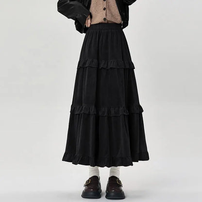 Qiukichonson Mid Long Skirts Womens Velvet Skirt 2023 Autumn Winter Korean Vintage Elastic Waist High Low Ruffle Pleated Skirts