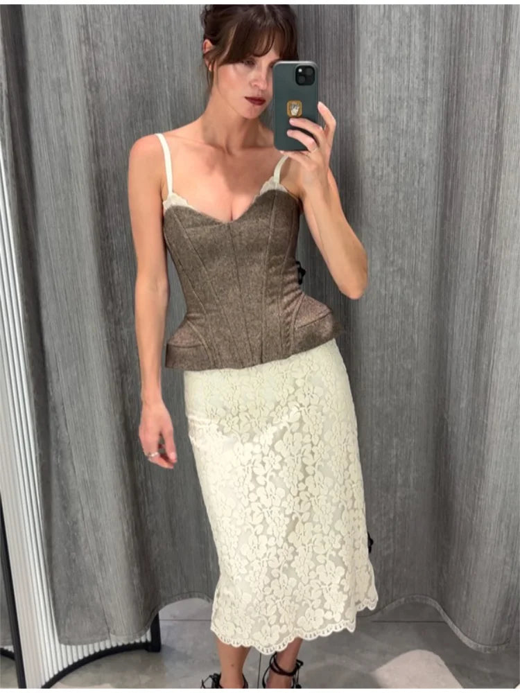 Women Solid Deep-v Satin Camisole Corset Top Elegant Double-strap Fitted Cropped Back-tie 2026 Chic Versatile Date Lady Tops