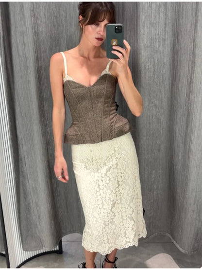 Women Solid Deep-v Satin Camisole Corset Top Elegant Double-strap Fitted Cropped Back-tie 2026 Chic Versatile Date Lady Tops
