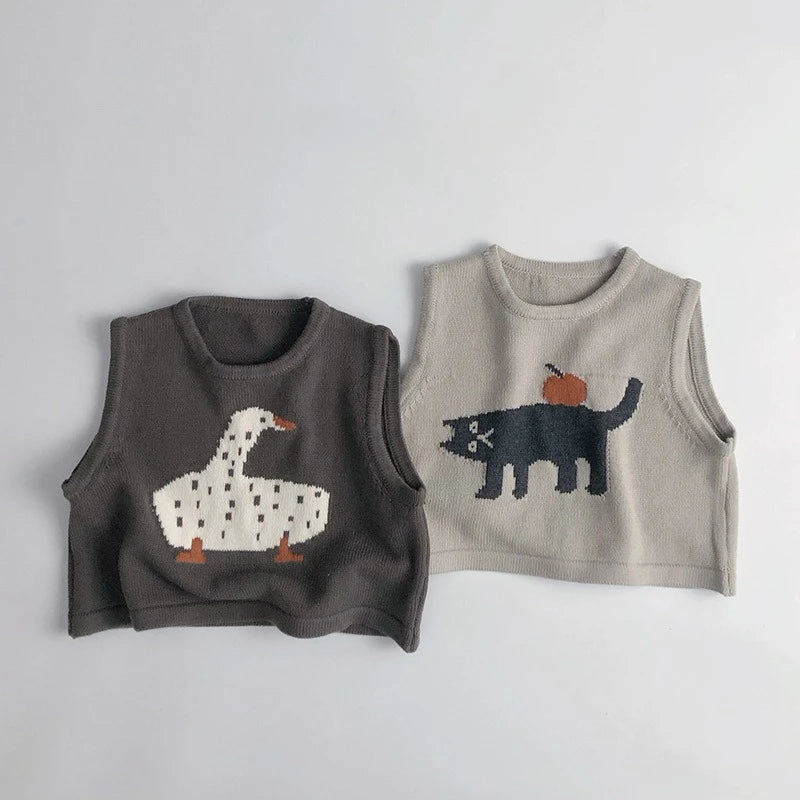 New Children Sleeveless Sweater Cartoon Animals Toddler Kids Cotton Vest Coat Boys Knit Waistcoat Girls Clothes Casual Outerwear