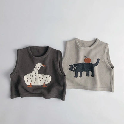 New Children Sleeveless Sweater Cartoon Animals Toddler Kids Cotton Vest Coat Boys Knit Waistcoat Girls Clothes Casual Outerwear