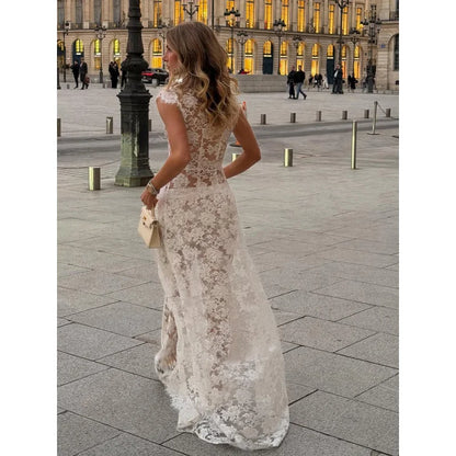 White Lace Embroidery Pant Suit Women Stand Neck Sleeveless Hollow-out Waist Cinching See Through Set Lady Summer Sheer Outfit