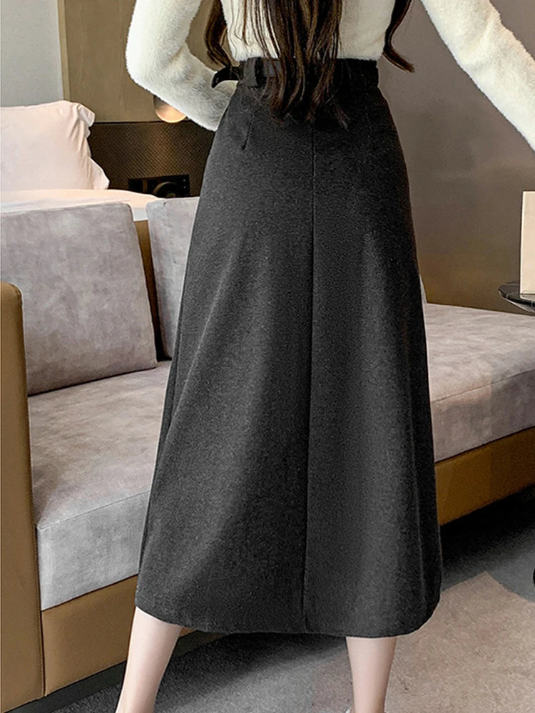 Grey woolen pleated skirt for women in autumn and winter skirt high waisted casual large hemA-line medium length skirt