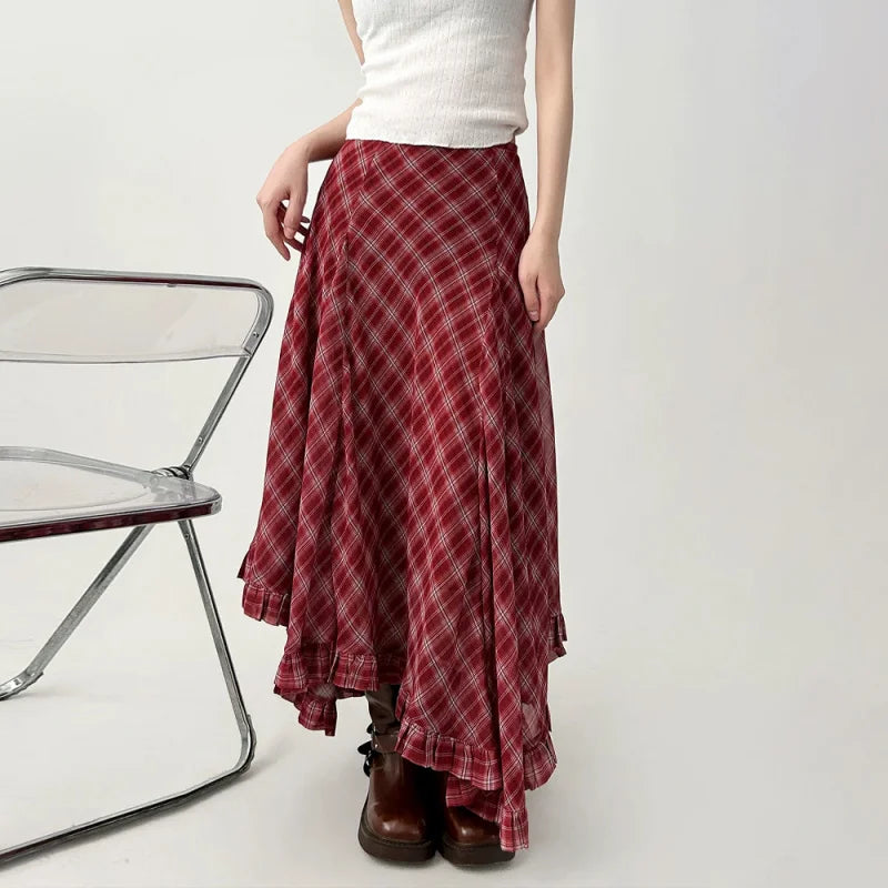 Women's Red Plaid Asymmetric Ruffle Skirt