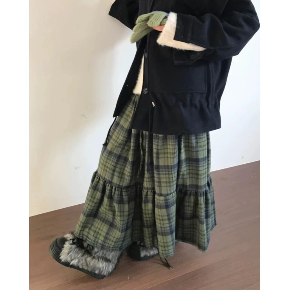 Women's Green Plaid Tiered Long Skirt