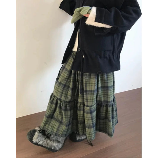 Retro Green Plaid Loose Long Skirt Half-length Skirt Sweet Style Cotton Polyester Material Daily Wear Midi Skirt H-Shape