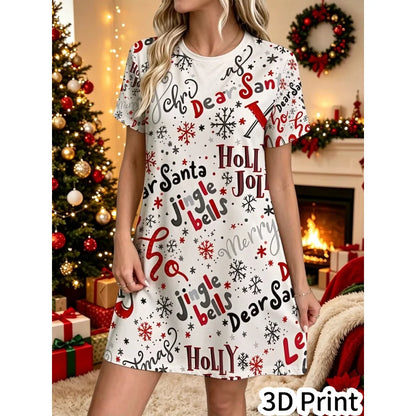 3D Fun Santa Claus Printed New Year Party Dress Women's Short Sleeve Round Leader Casual Loose Mini Dress Vestidos De Mujer