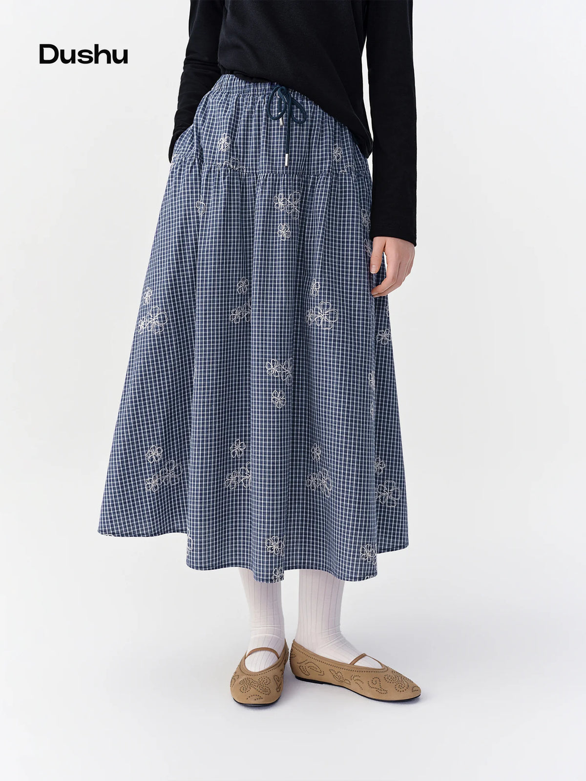 DUSHU 2026 Fall Women's Chic Elastic High Waist Plaid Embroidered A-Line Skirt - Flattering Versatile Style for Daily Wear
