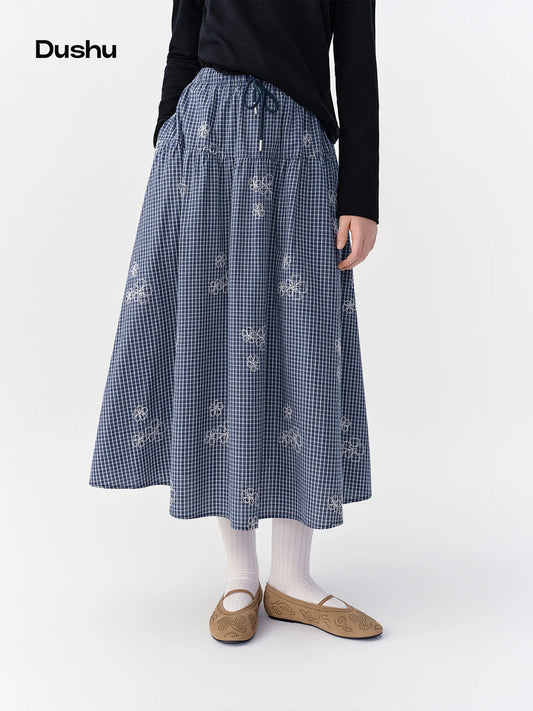 DUSHU 2026 Fall Women's Chic Elastic High Waist Plaid Embroidered A-Line Skirt - Flattering Versatile Style for Daily Wear