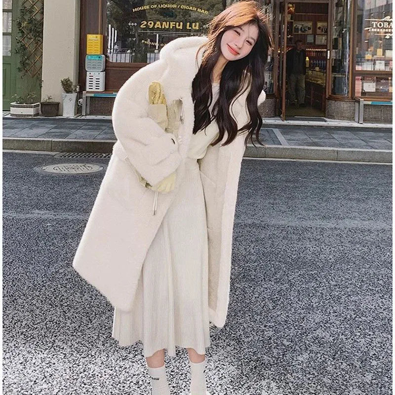 Lamb Fur Jackets Women Overcoat Winter New Plus velvet Thick Warm Parker Jacket Loose Horn Buckle Long Cute Hooded Coat Outwear