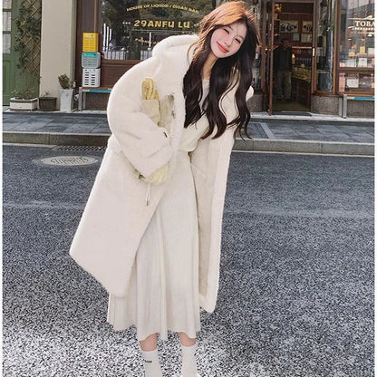 Lamb Fur Jackets Women Overcoat Winter New Plus velvet Thick Warm Parker Jacket Loose Horn Buckle Long Cute Hooded Coat Outwear