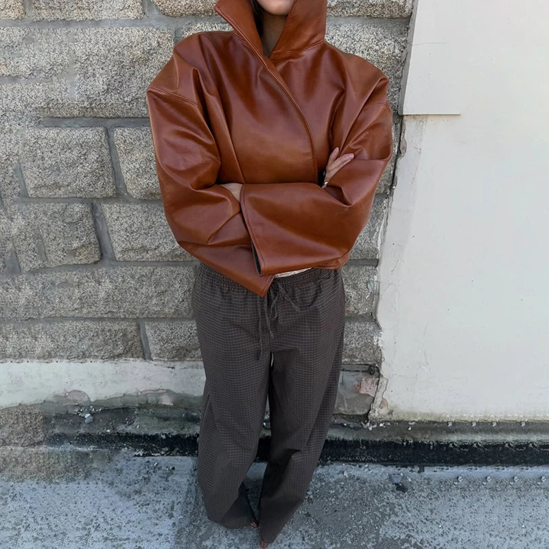 Women Retro Cropped Pu Leather Jacket High Stand Collar Open Front Loose Oversized Long Sleeve Outerwear Street Short Outerwear