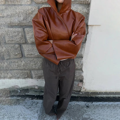 Women Retro Cropped Pu Leather Jacket High Stand Collar Open Front Loose Oversized Long Sleeve Outerwear Street Short Outerwear