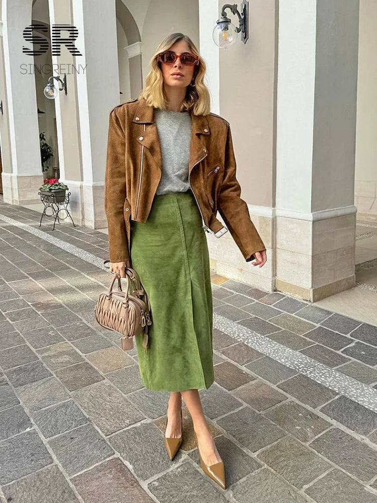 SINGREINY Avocado Green Suede Long Skirt Women Newest 2026 Autumn Minimalist Y2K Vintage Solid Warm Split Midi Skirts