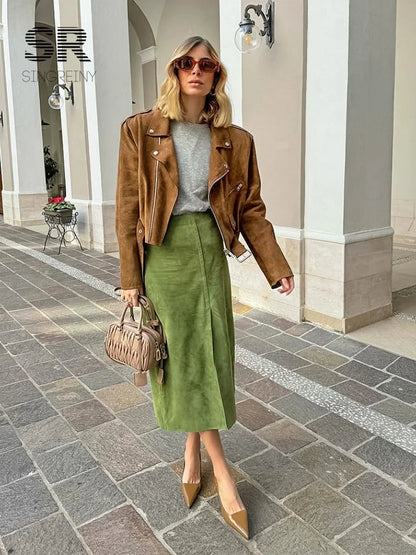 SINGREINY Avocado Green Suede Long Skirt Women Newest 2026 Autumn Minimalist Y2K Vintage Solid Warm Split Midi Skirts