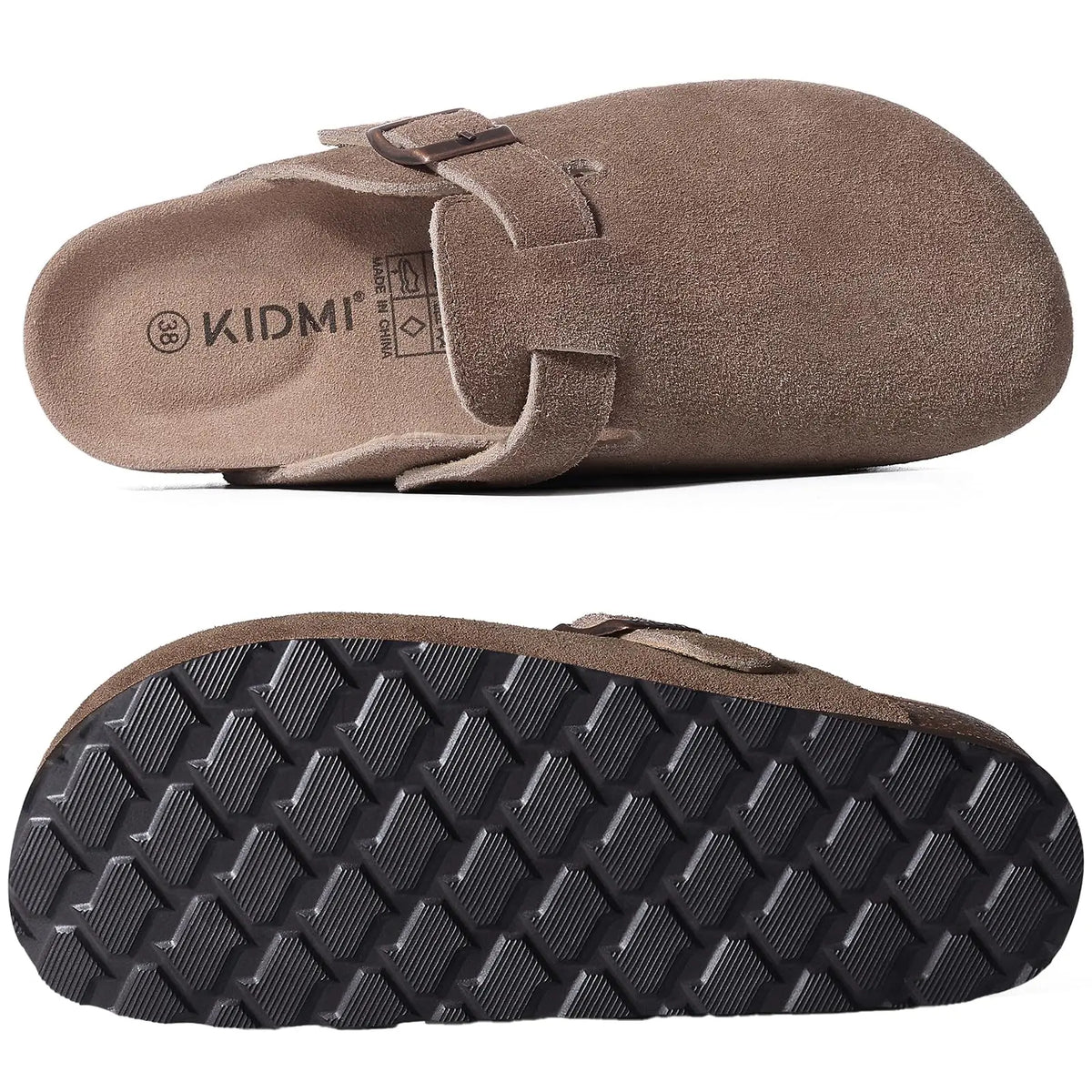 Evshine Women Suede Cork Slippers with Adjustbale  Strap Comfy Arch Support Leather Mules Retro Men Potato Shoes Lady Cork Clogs