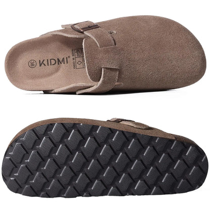 Evshine Women Suede Cork Slippers with Adjustbale  Strap Comfy Arch Support Leather Mules Retro Men Potato Shoes Lady Cork Clogs