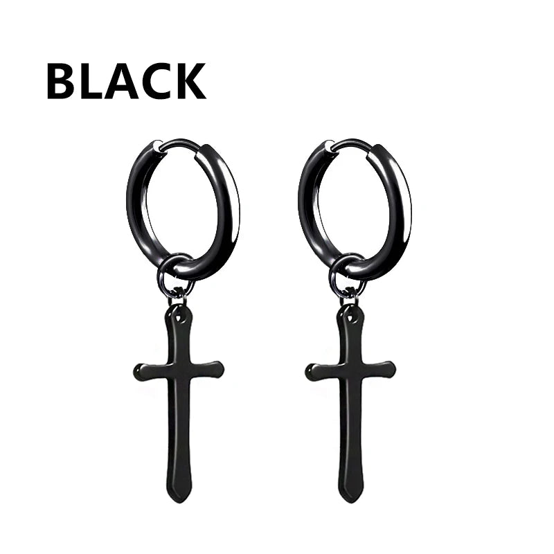 2PC Punk stainless steel Small Hoop Earrings for Men and Women Gothic Cross Ear Ring Pop Hip Hop Piercing Ear studs Jewelry