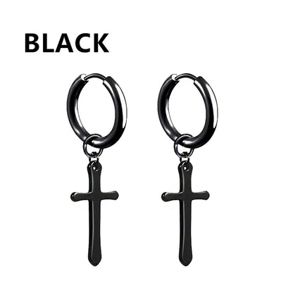 2PC Punk stainless steel Small Hoop Earrings for Men and Women Gothic Cross Ear Ring Pop Hip Hop Piercing Ear studs Jewelry