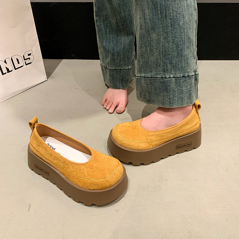 Aphixta 2025 New Suede Platform Shallow Woman Shoes Yellow Loafers Spring Woman Fashion Shoes Concise Chunky Heel Shoes Woman
