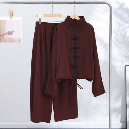 Casual Zipper Shirt Pants Suit Women Solid Button Stand Collar Drawstring Shirts Loose High Waist Trousers 2026 Spring Set Lady