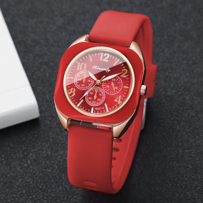 Fashion Women Square Quartz Watch Red Silicone Strap Decorative Three Dials Sports Wristwatches Relogio Feminino（Without Box）