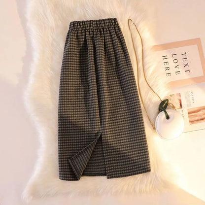 Vintage Plaid Midi Skirts Women All-Match Thickened Warm Elastic Waist Long Skirt Female Streetwear Fashion Split A-Line Skirts