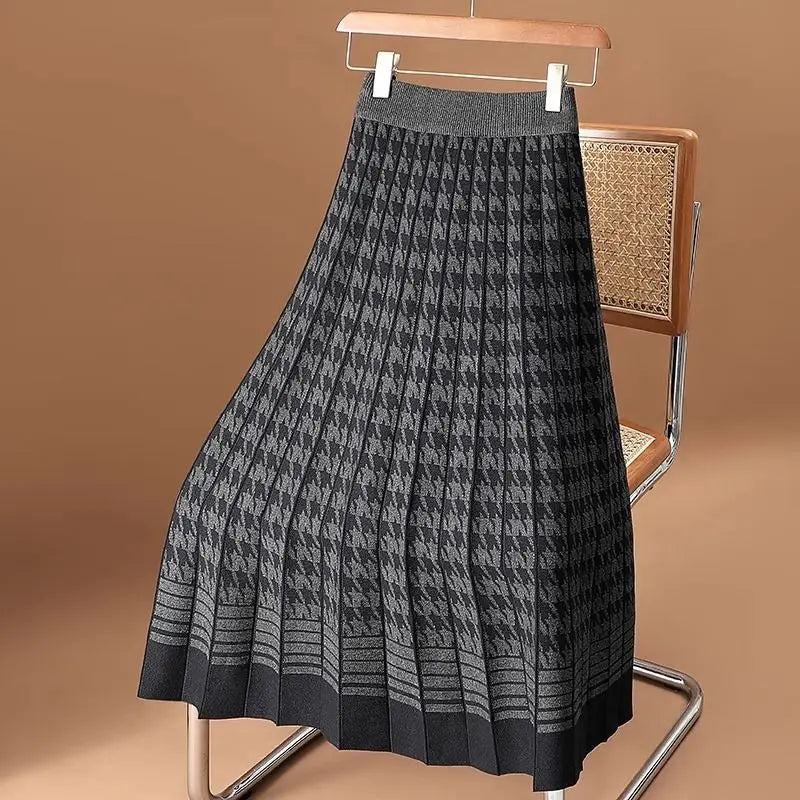 Autumn Winter New Plaid Printing Fashion Elastic Waist A-line Skirt Women High Street Casual Pleated Knitting Elegant Skirts