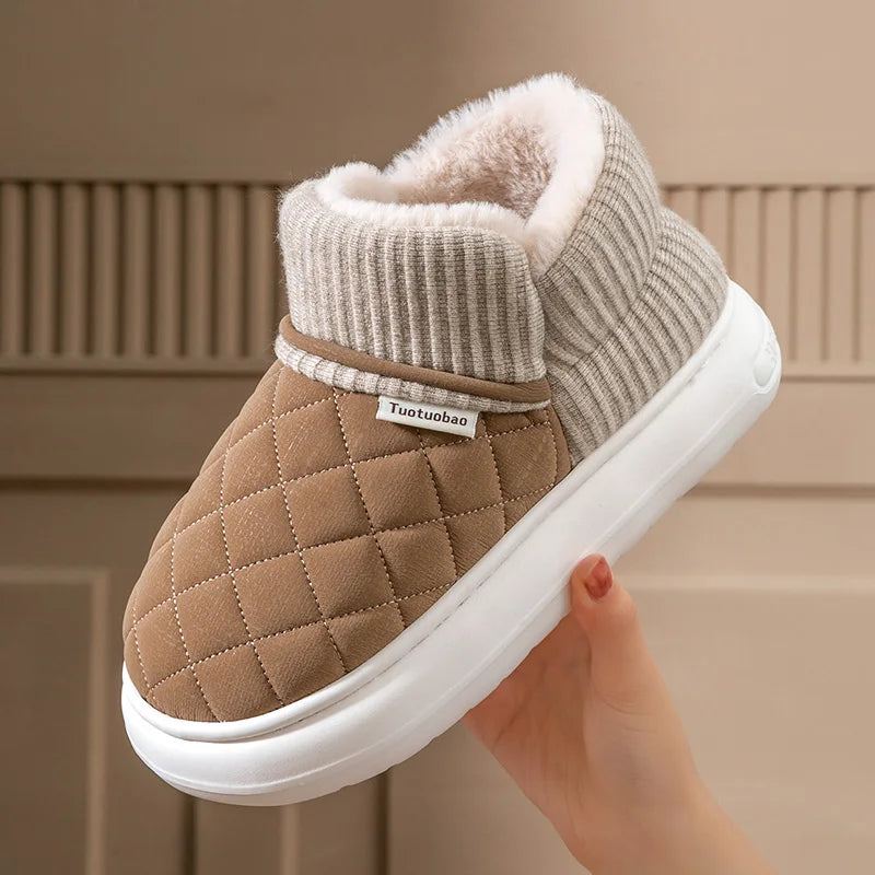 Winter Warm Snow Boots Unisex Thick Platform 4.0CM Quilted Plush Lined Non-Slip Indoor Outdoor Casual Cotton Shoes