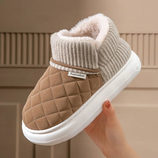 Winter Warm Snow Boots Unisex Thick Platform 4.0CM Quilted Plush Lined Non-Slip Indoor Outdoor Casual Cotton Shoes