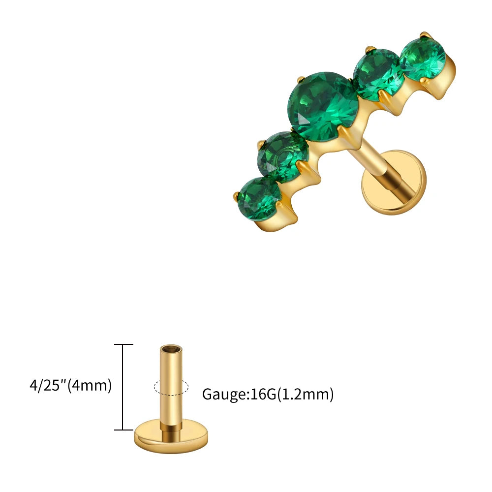 Right Grand ASTM F136 Titanium 16G CZ Cluster Flat Back Labret Stud Curved CZ Bar Climber Earring Helix Cartilage Stud Piercing