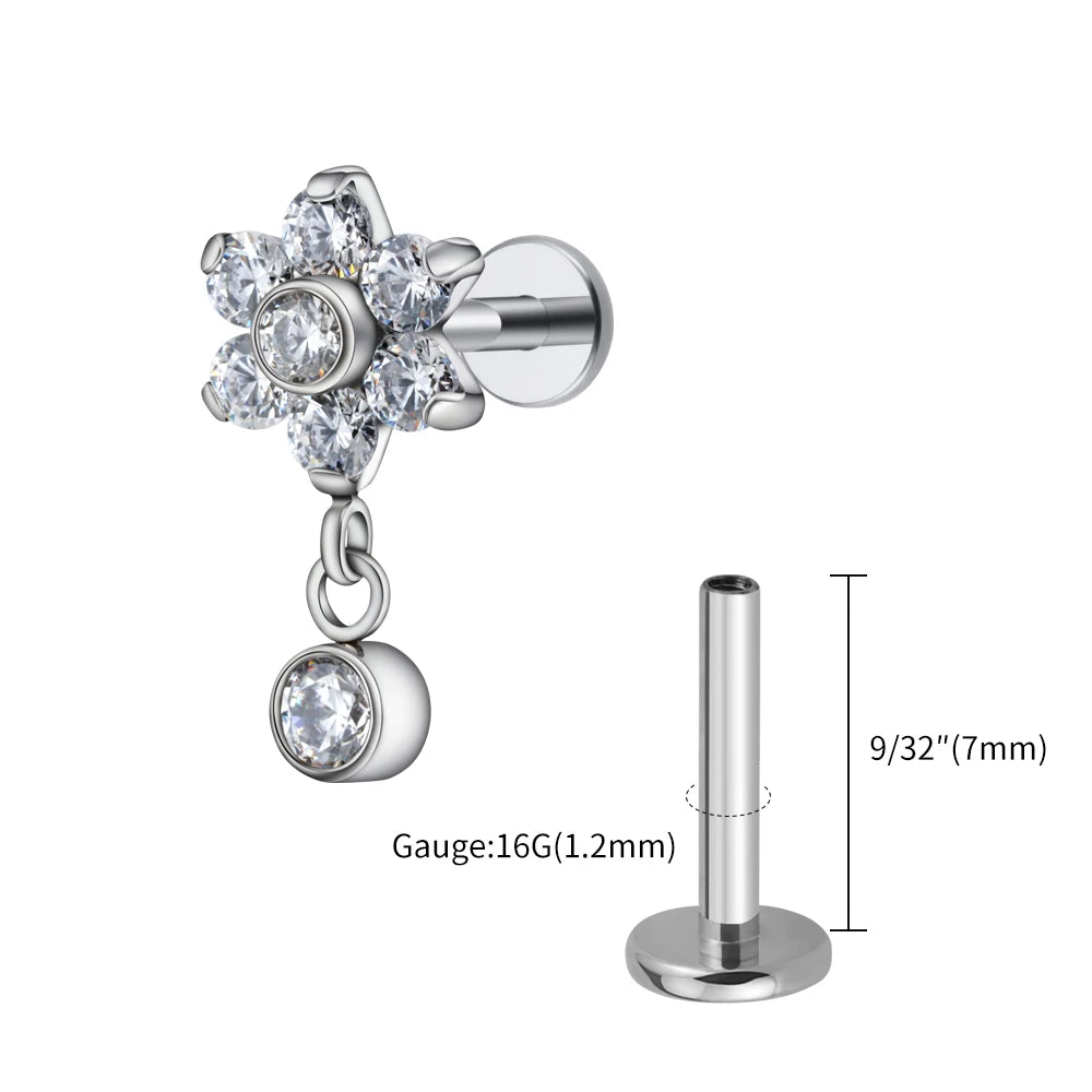 Right Grand ASTM F136 Titanium 16G Flower CZ Drop Dangle Flat Earring Tragus Helix Lobe Stud Piercing Jewelry