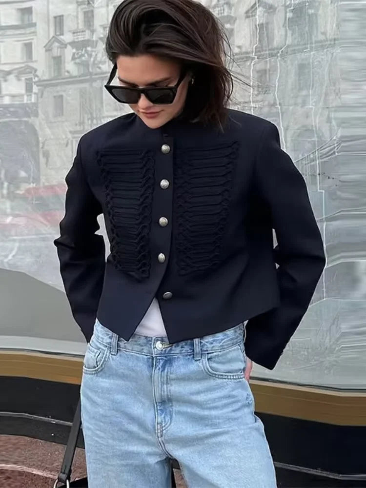 Vintage Women's Cropped Napoleon Jacket Stand Collar Single Breasted Hussar Jackets 2026 Autumn Lady Chic Black Outwear New