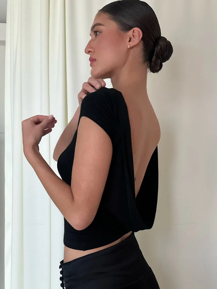 O Neck Short Sleeve Backless Ruched Crop Top Women'S Tshirt Y2K Streetwear Summer Spring Dropshipping Casual Clothing