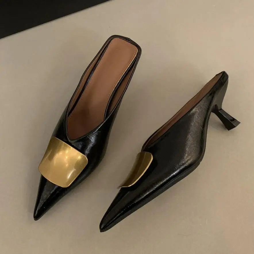 Maogu Luxury Slides Pointed Toe Ladies Shoes Summer Fashion Footwear Thin Mid Heels Shoe Slides Slippers Women 2025 Chain Mules
