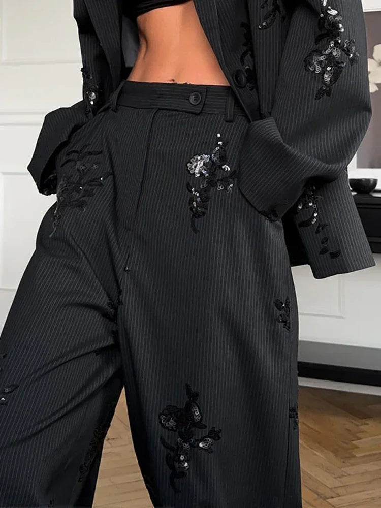Black Sequin Embroidery Blazer 2 Piece Set Women Full Sleeve Lapel V-neck Loose Wide Leg Pants Suit 2026 Lady Spring Autumn Wear
