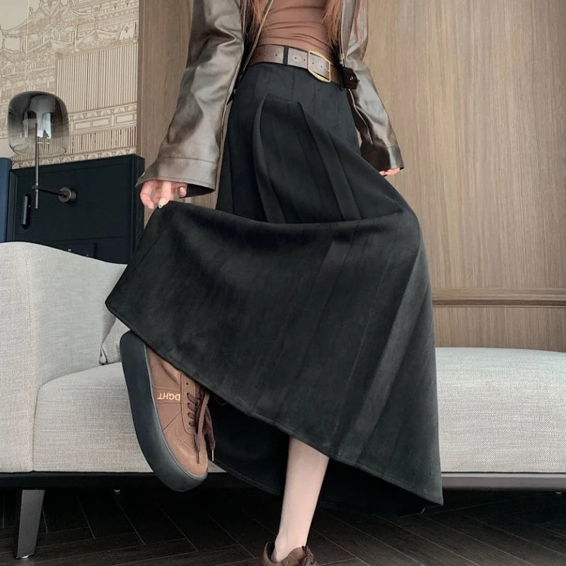Qiukichonson Midi Long Skirts Womens Suede Skirt 2026 Autumn Winter Goth Vintage High Waist Ruffle Pleated Skirts Maxi With Belt