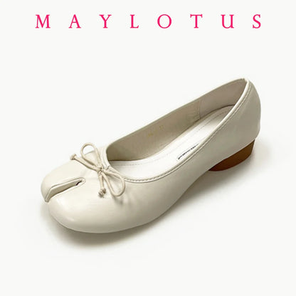 Split Toe 3cm Heel Tabi Shoes Slip On Leather Comfy Shoes Soft Bottom Solid Ladies Moccasins with Bowknot