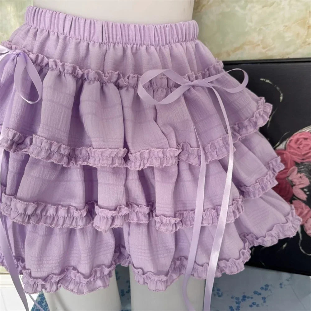 Women Fashion Sweet Purple Cake Short Skirt Slimming Lace Elastic Waist Half Body Skirt Girls Clothes