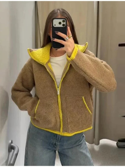 Retro Faux Fur Patchwork Woolen Maxi Coat Women Solid Full Sleeves V-neck Lace Up Loose Coats Lady Winter Commute Outwear New
