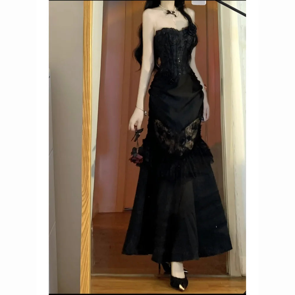 Summer Gothic Grunge Y2k Lace Dress Women Dark Academia Sexy Slim Party Dresses Korean Fashion Design Festival Long Prom Dress