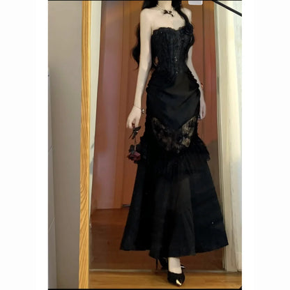 Summer Gothic Grunge Y2k Lace Dress Women Dark Academia Sexy Slim Party Dresses Korean Fashion Design Festival Long Prom Dress