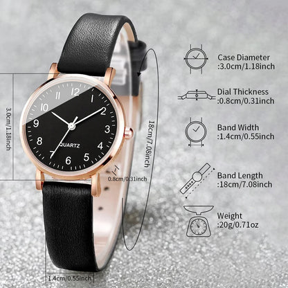 4PCS/Set Fashion Small Arabic Dial Women's Quartz Watch Leather Band Wrist Watches Heart Bracelets Set（Without Box）