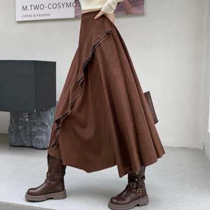 Midi Long Skirts Women Suede Skirt 2026 Goth Lolita Autumn Winter High Waist Ruffles Asymmetrical A-Line Pleated Skirt Maxi