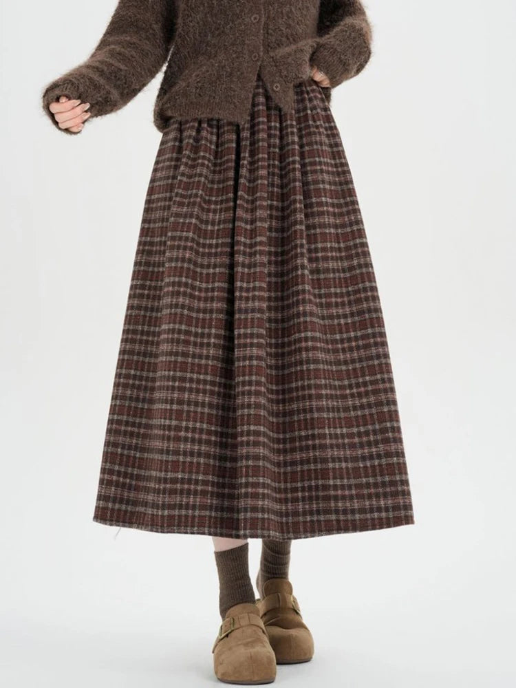 American Style Thickened Wool Vintage Plaid Midi Skirt Woman Elastic Waist Winter Casual A-Line Long Skirts Lady