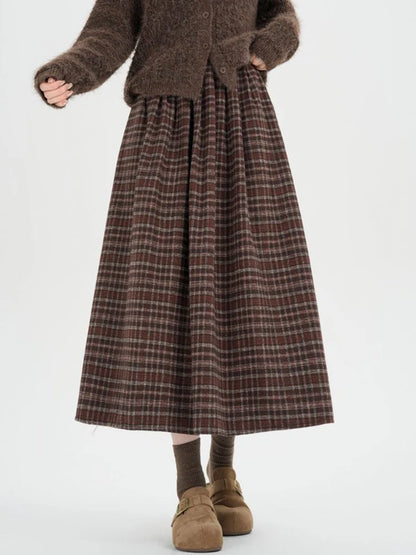 American Style Thickened Wool Vintage Plaid Midi Skirt Woman Elastic Waist Winter Casual A-Line Long Skirts Lady