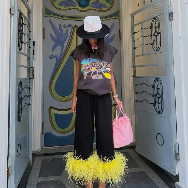 Women High Waist Straight Leg Long Pants Bright Feather Fuzzy Hem Decor Wide Trousers 2026 Fashion Causal Chic Party Bottoms