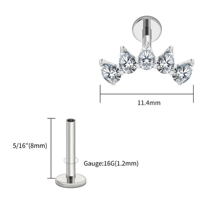 Right Grand ASTM F136 Titanium 5-Pear CZ Crown Cartilage Earring 16G Flat Back Stud Helix Tragus Labret Nose Piercing Jewelry