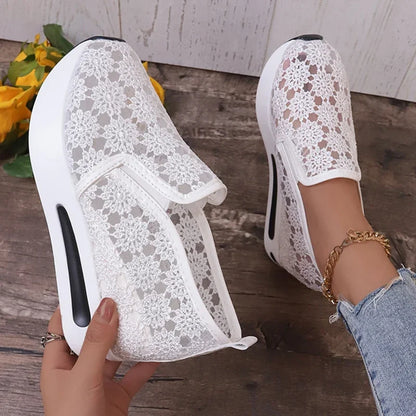 Fashion Embroidered Platform Sneakers for Women 2025 Summer Breathable Mesh Sports Shoes Woman Thick Sole Slip On Casual Shoes